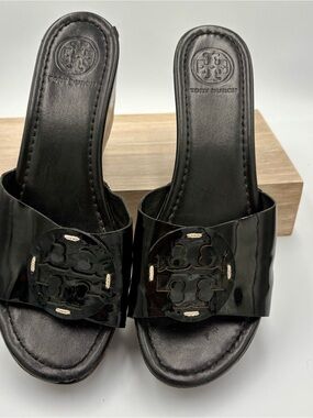 Tory Burch Black Patent Logo Slide Mules